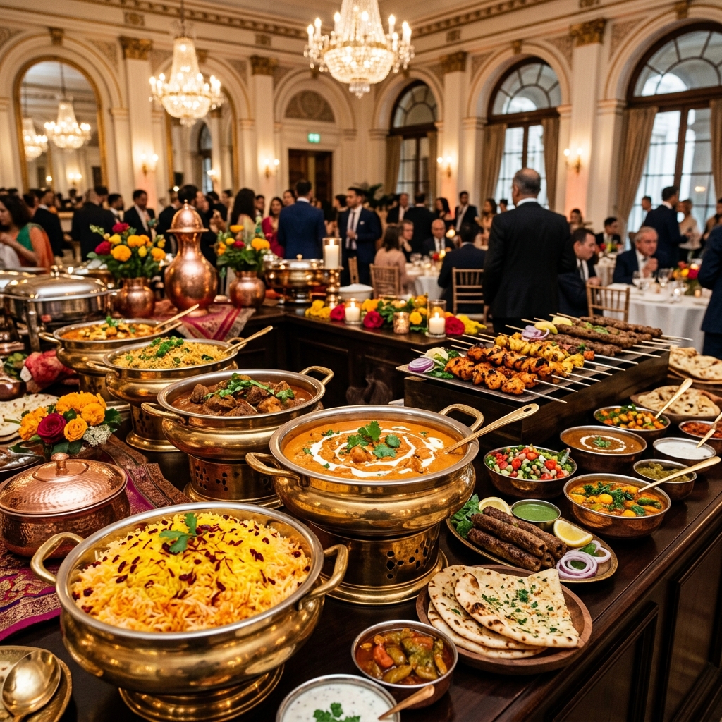 Exquisite Indian buffet setting at a London venue